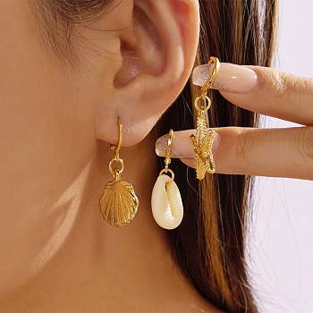 Alloy Leverback Dangle Earrings, Shell Shape/Starfish, Golden, 33x12.5mm, 3Pairs/Set