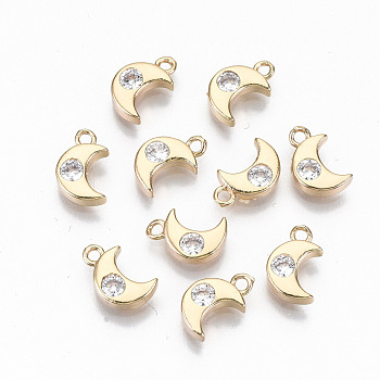 Brass Micro Pave Cubic Zirconia Charms, Light Gold, Long-Lasting Plated, Cadmium Free & Lead Free, Moon, Clear, 10x6x2mm, Hole: 1.4mm