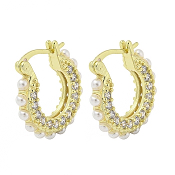 Rack Plating Brass Hoop Earrings, with Cubic Zirconia and Plastic Pearl, Cadmium Free & Lead Free, Real 18K Gold Plated, 21.5x4.5mm