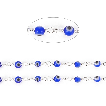 3.28 Feet Handmade Evil Eye Lampwork Round Beaded Chains, with Brass Findings, Unwelded, Long-Lasting Plated, Silver, Medium Blue, 12.5x2.8x4x1.5mm, Beads: 4mm