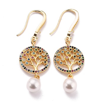 Tree of Life Sparkling Cubic Zirconia Flat Round Pendant Dangle Earrings for Her, Real 18K Gold Plated Brass Micro Pave Cubic Zirconia Earrings, Colorful, 45.5mm, Pin: 0.9mm