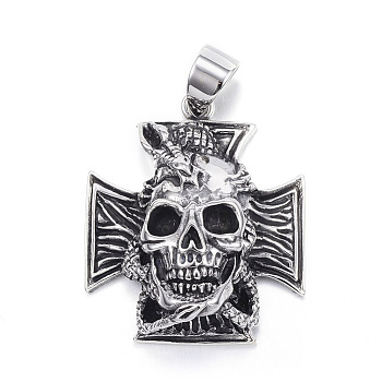 316 Surgical Stainless Steel Pendants, Cross with Skull, Antique Silver, 44x38x16mm, Hole: 8x11mm