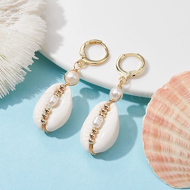 Natural Shell & Pearl Dangle Leverback Earrings(EJEW-JE05434)-2