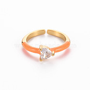 Brass Enamel Cuff Rings, Open Rings, Solitaire Rings, with Clear Cubic Zirconia, Nickel Free, Heart, Golden, Dark Orange, US Size 7(17.3mm)(RJEW-T016-31D-NF)
