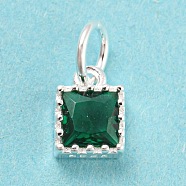 925 Sterling Silver Charms, with Cubic Zirconia, Faceted Square, Silver, Green, 7x5x3mm, Hole: 3mm(STER-G035-01A-02)