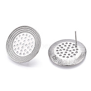 Brass Stud and Ring Earring Finding, Flat Round Sieve Earring Settings, Real Platinum Plated, 25.5mm, Hole: 1.2mm, Pin: 0.7mm(KK-C031-26P)