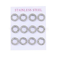 304 Stainless Steel Stud Earrings, with Rhinestone, Ring, Stainless Steel Color, 13mm, 12pcs/set(EJEW-C099-09P-02)