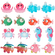 32Pcs 8 Styles Ocean Theme Opaque Resin Pendants, with Platinum Plated Iron Loops, Fish & Octopus & Sea Horse, Mixed Color, 22~34x17~27x5~7mm, Hole: 2mm, 4pcs/style(RESI-SC0002-37)