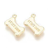 Brass Charms, Bone with Word I Love My Dog, Nickel Free, Real 18K Gold Plated, 12x8.5x1.5mm, Hole: 0.5mm(KK-S341-14)