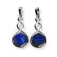 Dyed Natural Lapis Lazuli Pendants, Rack Plating Brass Hexagon Charms, Lead Free & Cadmium Free, Platinum, 37.5x17x4.5~5mm, Hole: 6.5x5mm(G-F777-05P-10)