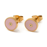 Ion Plating(IP) 304 Stainless Steel Stud Earrings with Pink Enamel, Flat Round Shape, Real 18K Gold Plated, 8mm(EJEW-Q783-09G)
