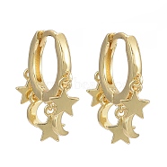 Brass Huggie Hoop Earrings, Long-Lasting Plated, Star and Moon, Real 18K Gold Plated, 18.5mm, Pin: 0.9mm(X1-EJEW-K083-44G)