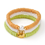 3Pcs 3 Styles Polymer Clay Heishi Beads Stretch Bracelets Sets, Stackable Bracelets, with Alloy Beads, Brass Beads and Glass Pearl Beads, Mixed Color, Inner Diameter: 2-1/8~2-3/8 inch(5.5~6.1cm), 1pc/style(BJEW-JB05920)
