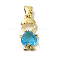 Rack Plating Brass Glass Pendants, Cadmium Free & Lead Free, Long-Lasting Plated, Real 18K Gold Plated, Human with Heart, Deep Sky Blue, 18x9x4.5mm, Hole: 3.5x3.5mm(KK-P272-18B-G03)