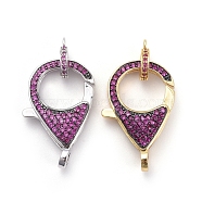 Brass Micro Pave Cubic Zirconia Lobster Claw Clasps, with Bail Beads/Tube Bails, Magenta, Platinum & Golden, Clasp: 26.5x17.5x5.5mm, Hole: 2.5mm, Tube Bails: 9.5x7.5x2mm, Hole: 1.2mm(ZIRC-F110-01C)