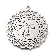 Non-Tarnish 304 Stainless Steel Pendants, Sun with Human Face Charm, Stainless Steel Color, 40.5x38x1.5mm, Hole: 2mm(STAS-B054-09P)