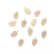 Brass Micro Pave Cubic Zirconia Pendants, Tropical Leaf Charms, with Jump Ring, Long-Lasting Plated, Real 18K Gold Plated, Monstera Leaf, Mixed Color, 15x10x2.5mm, Hole: 3mm(ZIRC-F112-03G)