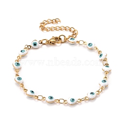 Enamel Heart with Evil Eye Link Chains Bracelet, Vacuum Plating 304 Stainless Steel Jewelry for Women, Golden, White, 6-3/4 inch(17.1cm)(BJEW-P271-06G-01)