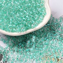 6/0 Transparent Colours Glass Seed Beads, Rondelle, Aquamarine, 4x3mm, Hole: 1.4mm, about 7500pcs/pound(SEED-P006-01A-12)