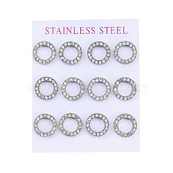 304 Stainless Steel Stud Earrings, with Rhinestone, Ring, Stainless Steel Color, 13mm, 12pcs/set(EJEW-C099-09P-02)