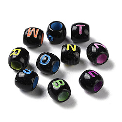 Spray Printed Opaque Acrylic European Beads, Large Hole Beads, Barrel with Letter, Mixed Color, 9x8mm, Hole: 5mm, about 1500pcs/500g(SACR-P031-10B)