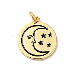 Rack Plating Brass Enamel Pendants, with Jump Ring, Cadmium Free & Nickel Free & Lead Free, Flat Round with Moon & Star, Real 18K Gold Plated, 18.5x16x1.5mm, Hole: 3.6mm(KK-H431-28G)