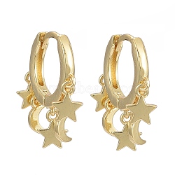 Brass Huggie Hoop Earrings, Long-Lasting Plated, Star and Moon, Real 18K Gold Plated, 18.5mm, Pin: 0.9mm(X1-EJEW-K083-44G)