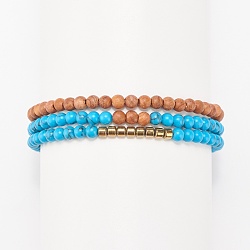 3Pcs 3 Style Natural Wood & Synthetic Turquoise(Dyed) & Hematite Stretch Bracelets Set, Gemstone Jewelry for Women, Inner Diameter: 2-1/4 inch(5.8cm), 1Pc/style(BJEW-JB07994)