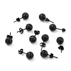304 Stainless Steel Stud Earring Findings, with Ear Nuts, Textured Round, Electrophoresis Black, 19x8mm, Pin: 0.7mm(STAS-I183-09B-EB)
