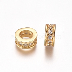 Brass Micro Pave Clear Cubic Zirconia European Beads, Large Hole Beads, Rondelle, Golden, 8x3.5mm, Hole: 4.5mm(ZIRC-I038-23G)