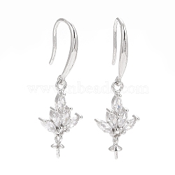 Anti-Tarnish Rhodium Plated 925 Sterling Silver Earring Hooks, with Cubic Zirconia, Lotus, for Half Drilled Beads, Platinum, 30mm, 21 Gauge, Pin: 0.7mm, Pin: 0.6mm, Tray: 6x3mm(STER-D035-27P)