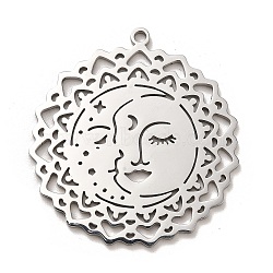 304 Stainless Steel Pendants, Sun with Human Face Charm, Stainless Steel Color, 40.5x38x1.5mm, Hole: 2mm(STAS-B054-09P)