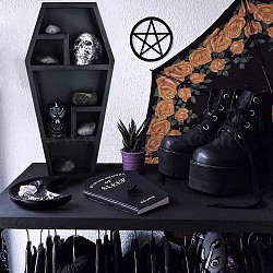 Halloween Hanging Wooden Crystal Display Shelf, Crystal Holder Stand, Rustic Divination Pendulum Storage Rack, Witch Stuff, Coffin, 380x180x32mm(PW-WG83032-03)