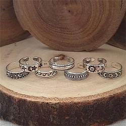 7Pcs 7 Styles Tibetan Style Sun Moon Alloy Cuff Toe Rings for Summer Beach, Mixed Shapes, Antique Silver, Inner Diameter: 14mm, 1pc/style(FS-WGAE944-01)