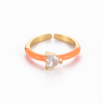 Brass Enamel Cuff Rings, Open Rings, Solitaire Rings, with Clear Cubic Zirconia, Nickel Free, Heart, Golden, Dark Orange, US Size 7(17.3mm)