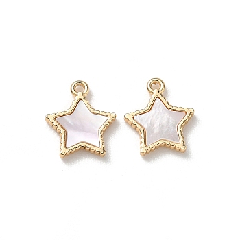 Brass Natural Shell Pendants, Star Charms, Seashell Color, Real 18K Gold Plated, 12x11x2mm, Hole: 0.9mm