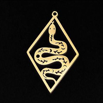 Vacuum Plating 201 Stainless Steel Pendants, Laser Cut, Rhombus with Snake, Golden, 41.5x25x1mm, Hole: 1.5mm