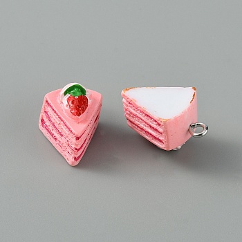 Opaque Resin Pendants, Imitation Food, Triangle Cake Charm with Strawberry, with Platinum Tone Iron Loops, Pink, 19.5x12.5x13mm, Hole: 2mm