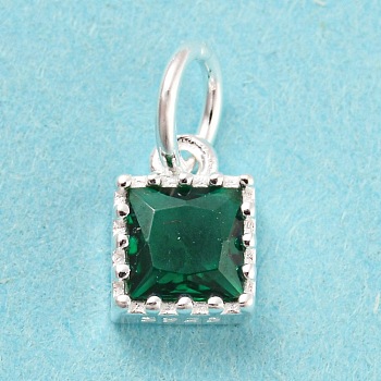 925 Sterling Silver Charms, with Cubic Zirconia, Faceted Square, Silver, Green, 7x5x3mm, Hole: 3mm