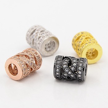CZ Jewelry Findings Brass Micro Pave Cubic Zirconia European Beads, Hollow Large Hole Column Beads, Grade AAA, Lead Free & Cadmium Free & Nickel Free, Mixed Color, 11x8mm, Hole: 4mm