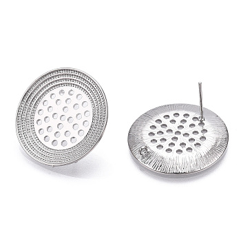 Brass Stud and Ring Earring Finding, Flat Round Sieve Earring Settings, Real Platinum Plated, 25.5mm, Hole: 1.2mm, Pin: 0.7mm