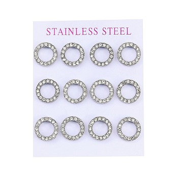 304 Stainless Steel Stud Earrings, with Rhinestone, Ring, Stainless Steel Color, 13mm, 12pcs/set