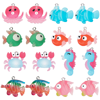 32Pcs 8 Styles Ocean Theme Opaque Resin Pendants, with Platinum Plated Iron Loops, Fish & Octopus & Sea Horse, Mixed Color, 22~34x17~27x5~7mm, Hole: 2mm, 4pcs/style