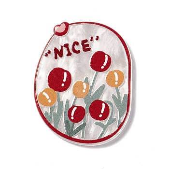 Flower Theme Printed Acrylic Cabochons, Red, 35x27.5x2.3mm