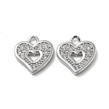 Brass Micro Pave Cubic Zirconia Pendants, Heart, Real Platinum Plated, 10.5x10x1.5mm, Hole: 1.4mm