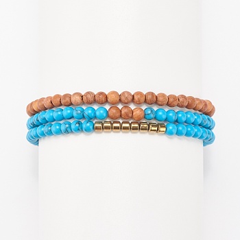 3Pcs 3 Style Natural Wood & Synthetic Turquoise(Dyed) & Hematite Stretch Bracelets Set, Gemstone Jewelry for Women, Inner Diameter: 2-1/4 inch(5.8cm), 1Pc/style