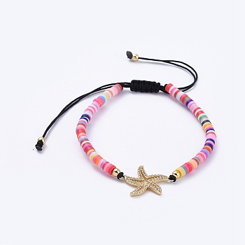 Adjustable Braided Bead Bracelets, with Handmade Polymer Clay Heishi Beads, Brass Micro Pave Clear Cubic Zirconia Links and Round Brass Beads, Starfish/Sea Stars, Colorful, 2-1/4 inch~3-1/2 inch(5.7~9cm)