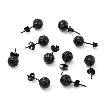 304 Stainless Steel Stud Earring Findings, with Ear Nuts, Textured Round, Electrophoresis Black, 19x8mm, Pin: 0.7mm