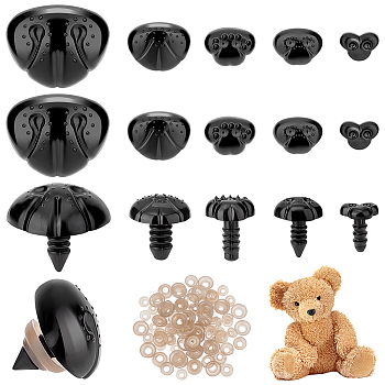 100 Sets 5 Styles Plastic Safety Noses, Craft Nose, with Gasket, for DIY Doll Toys Puppet Plush Animal Making, Black, 7~20x9.7~26x9~22mm, 20 sets/style