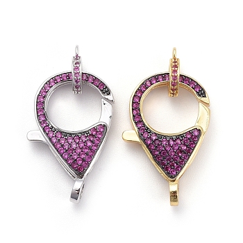 Brass Micro Pave Cubic Zirconia Lobster Claw Clasps, with Bail Beads/Tube Bails, Magenta, Platinum & Golden, Clasp: 26.5x17.5x5.5mm, Hole: 2.5mm, Tube Bails: 9.5x7.5x2mm, Hole: 1.2mm